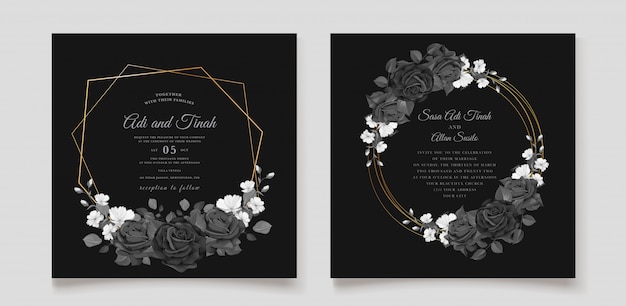 Beautiful wedding invitation card with black floral wreath