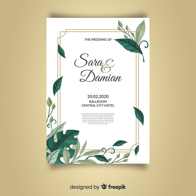 Beautiful wedding invitation template with leaves and golden frame