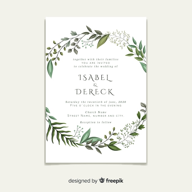 Free Vector beautiful wedding invitation template with leaves