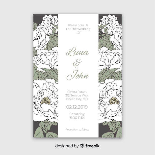 Free Vector beautiful wedding invitation template with peony flowers