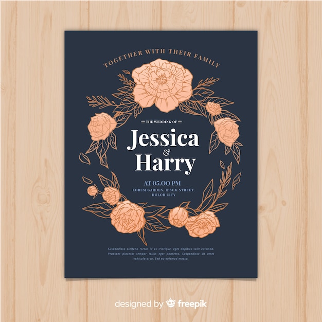 Beautiful wedding invitation template with peony flowers