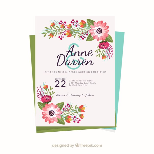 Beautiful wedding invitation with colored flowers