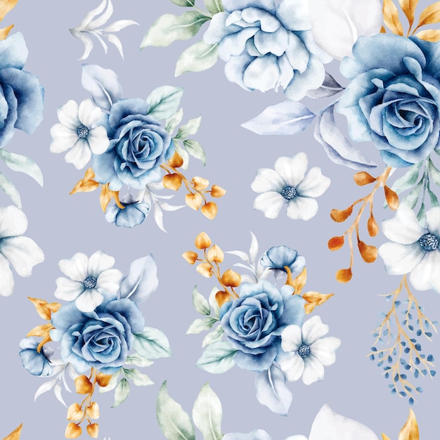 Free Vector beautiful white blue and gold floral seamless pattern