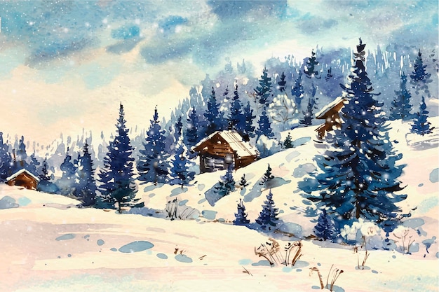 Beautiful winter landscape in watercolor