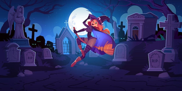 Beautiful witch on cemetery at night with a redhead woman in spooky hat flying on broom