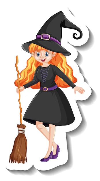 Beautiful witch holding broomstick cartoon character sticker