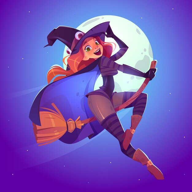 Beautiful witch, redhead woman in spooky hat flying on broom in night sky