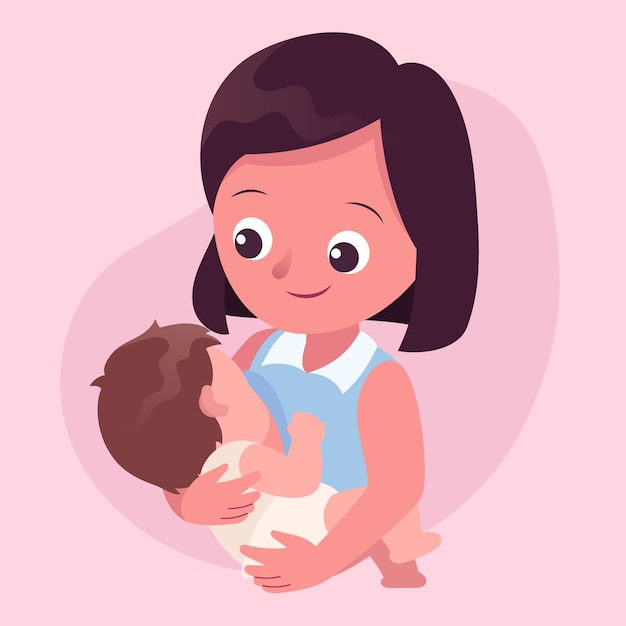 Beautiful woman with her baby breastfeeding illustrated