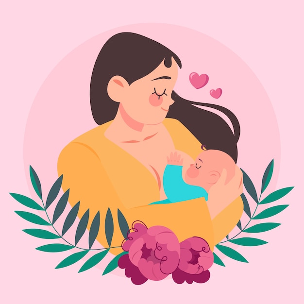 Beautiful woman with her baby breastfeeding illustrated