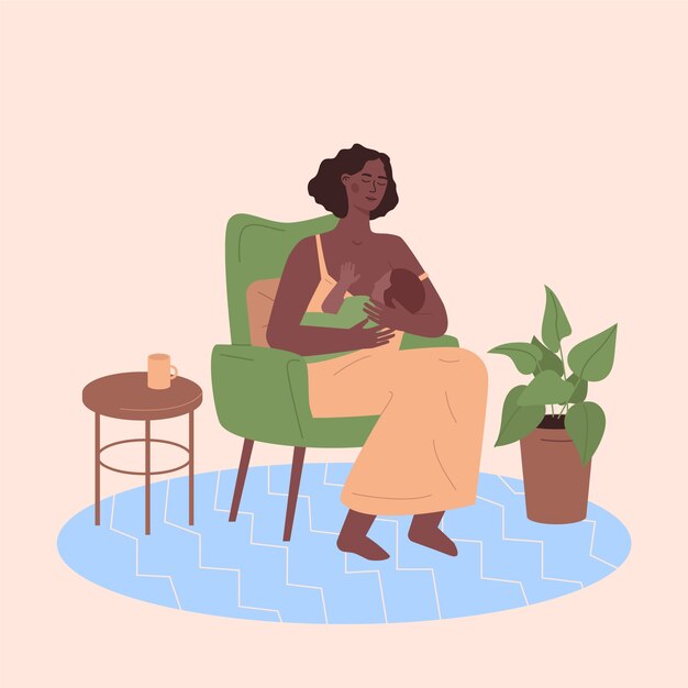 Beautiful woman with her baby breastfeeding illustrated