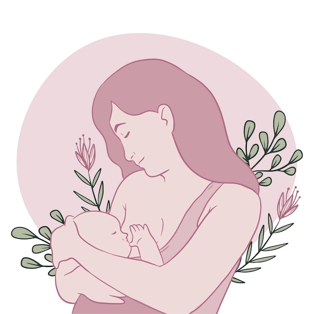 Beautiful woman with her baby breastfeeding illustrated