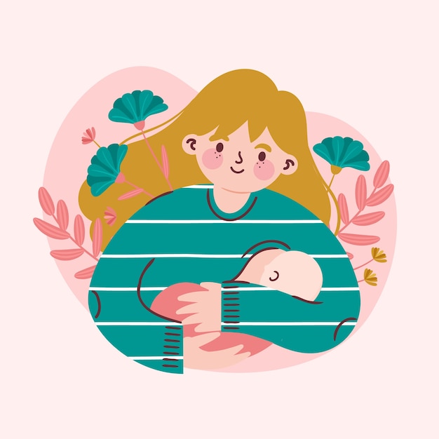 Beautiful woman with her baby breastfeeding illustrated