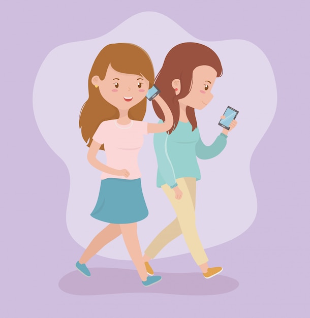 Free Vector beautiful women walking using smartphones