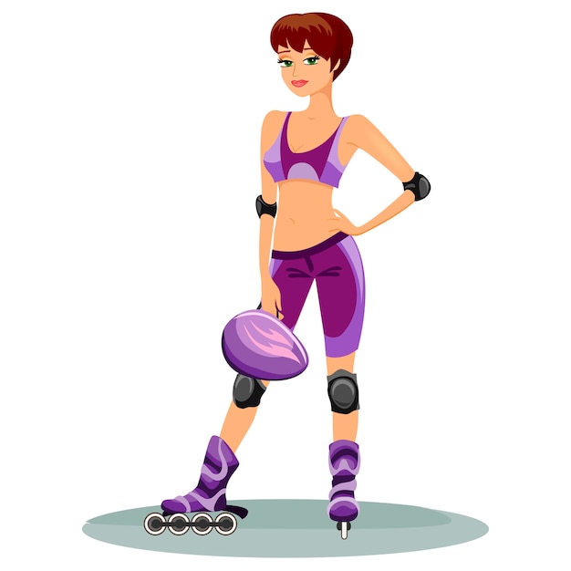 Beautiful young girl roller skater in trendy clothing and full safety gear on roller blades