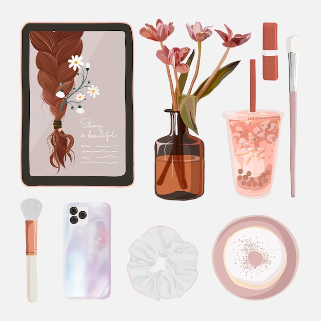 Free Vector beauty blogger essentials sticker, pink feminine illustration vector set