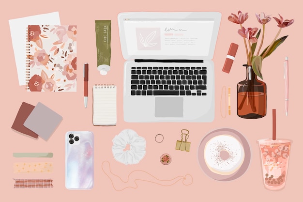 Free Vector beauty blogger essentials sticker, pink feminine illustration vector set