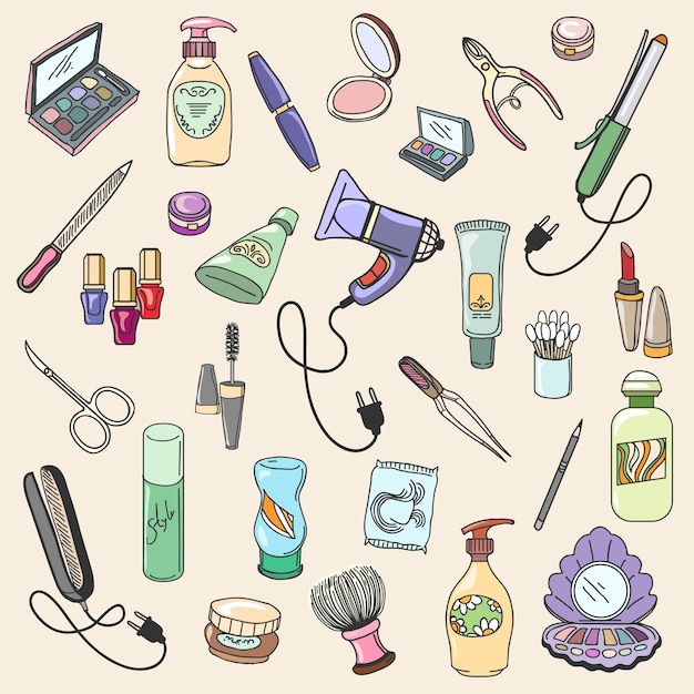 Free vector beauty and cosmetic hand drawn items for care and fashion makeup. hand draw beauty and cosmetic vector icons