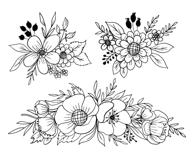 Beauty flower and leaves line art collection