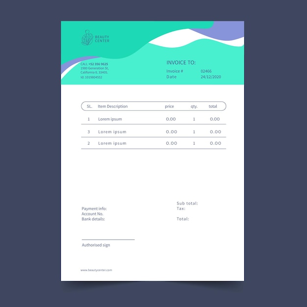 Beauty salon invoice with costs