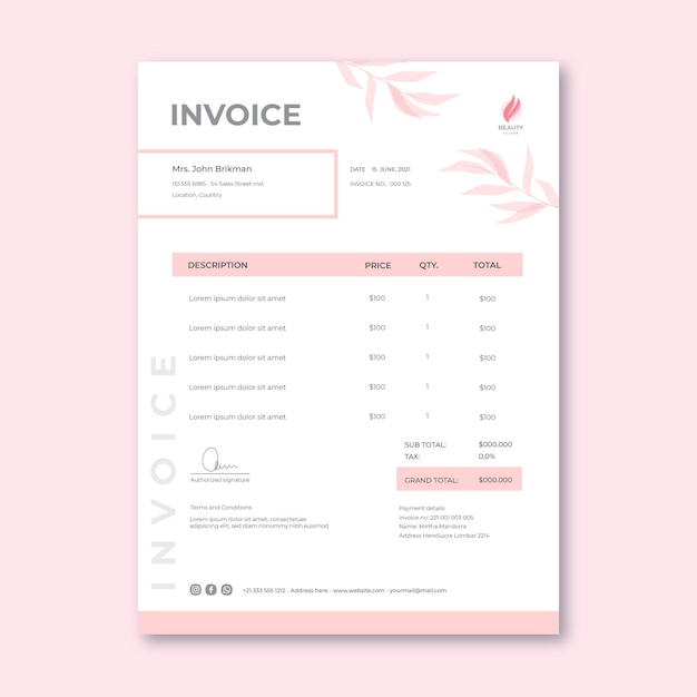 Beauty salon minimalist invoice template