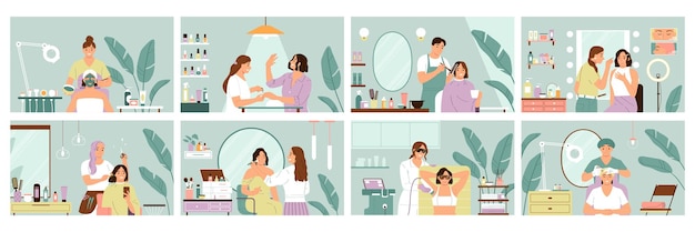 Beauty service set with hairstyle and epilation flat isolated vector illustration