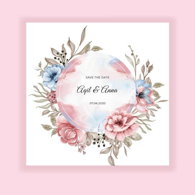 Beauty Wedding floral round invitation card with pink blue flowers