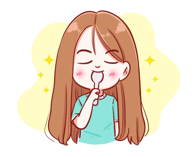 Beauty woman happy eating food cartoon hand drawn cartoon art illustration