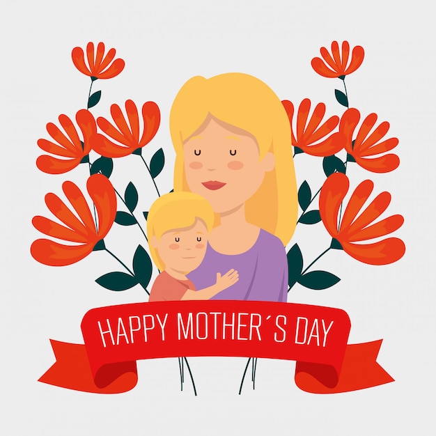 Free Vector beauty woman with her son and flowers to mothers day