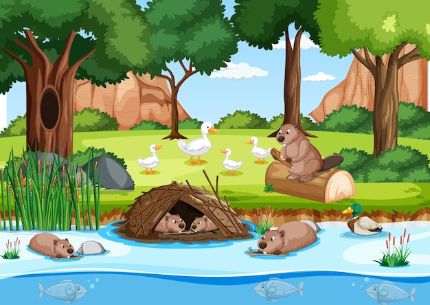 Free Vector beaver family in the forest with ducks