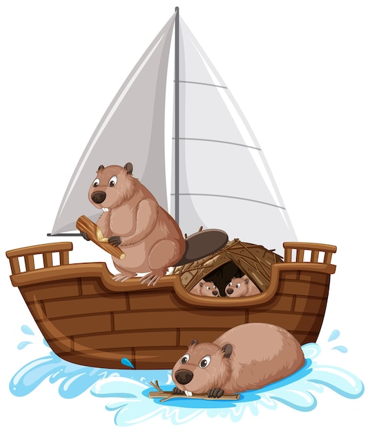 Free Vector beavers on a ship in cartoon style