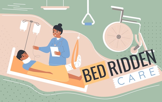 Free Vector bedridden care composition with collage of flat icons characters of doctor and lying patient with wheelchair vector illustration