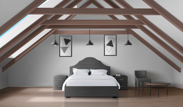 Free Vector bedroom on attic, modern home mansard interior