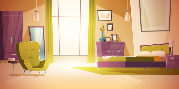 Bedroom interior cartoon, double bed, wardrobe