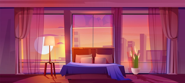 Free Vector bedroom interior room with sunset cityscape view