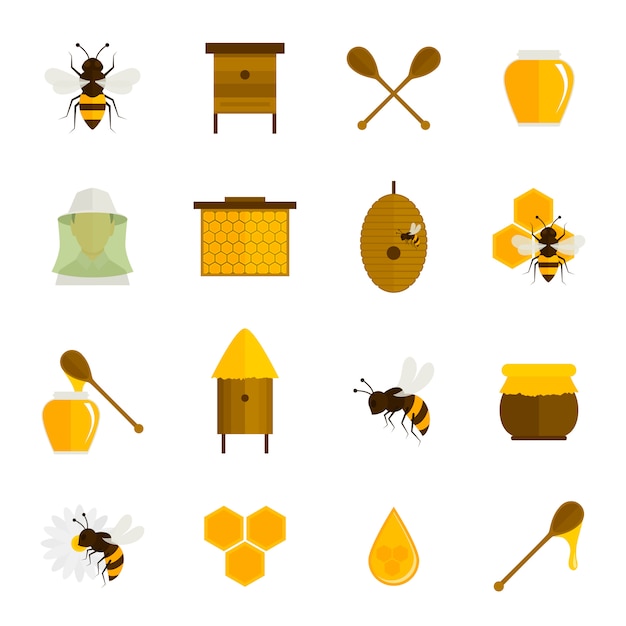 Free Vector bee honey icons flat set