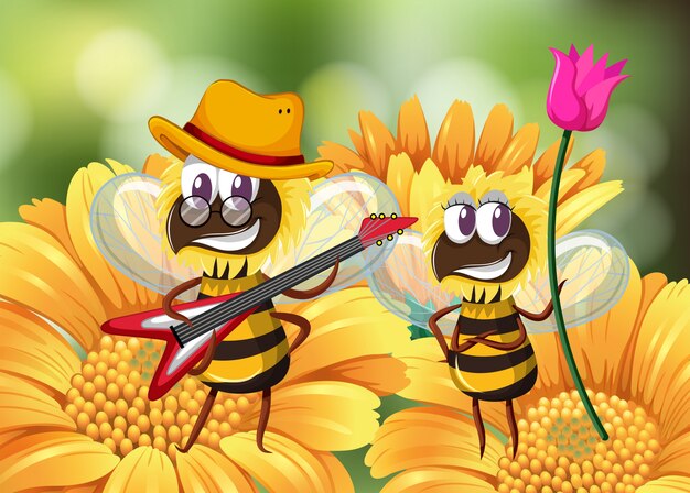 Bee playing guitar on flower