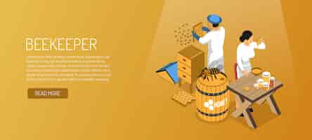 Free vector beekeepers during honey production isometric horizontal banner on pale brown