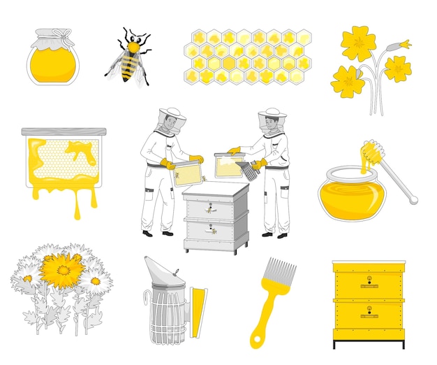 Free Vector beekeeping flat recolor set with isolated icons of bee hives cells and honey packed in cans vector illustration