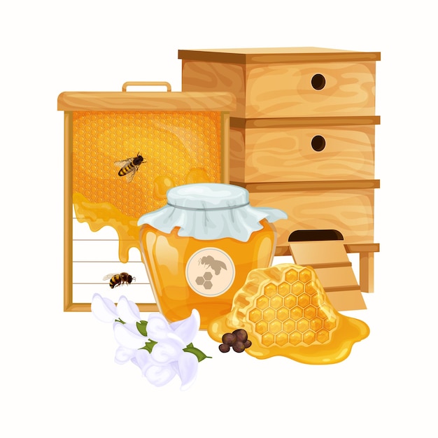 Free vector beekeeping realistic design concept with beehive honeycomb filler and jar of honey vector illustration