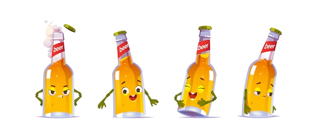 Beer bottle character, kawai funny glass flask with yellow liquid alcohol drink and cute face express happy and sad emotions