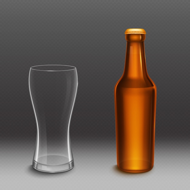 Free Vector beer bottle and empty tall glass. vector realistic mockup of blank lager or dark beer bottle from brown glass with golden cap and clear mug. template of alcohol beverage design