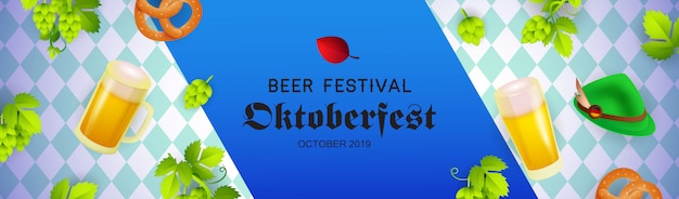 Beer festival banner with Oktoberfest hat, beer mugs