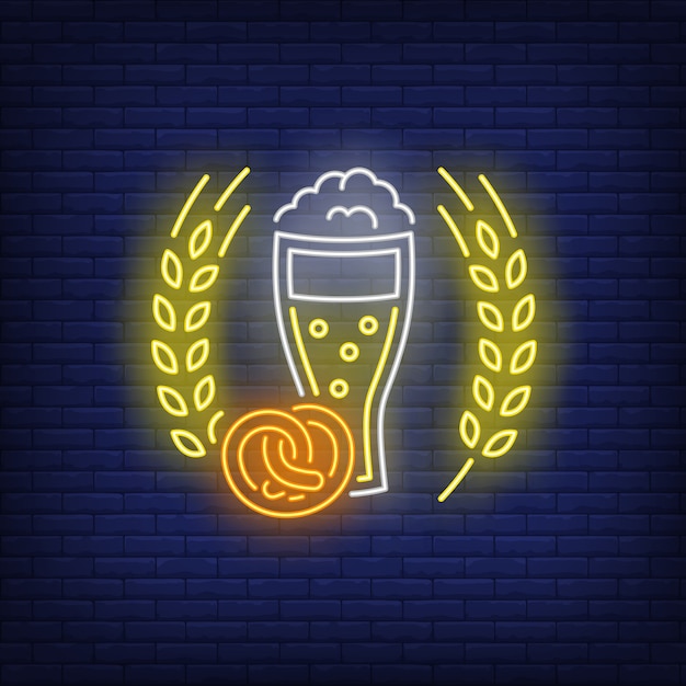 Beer glass, pretzel and barley ears neon sign