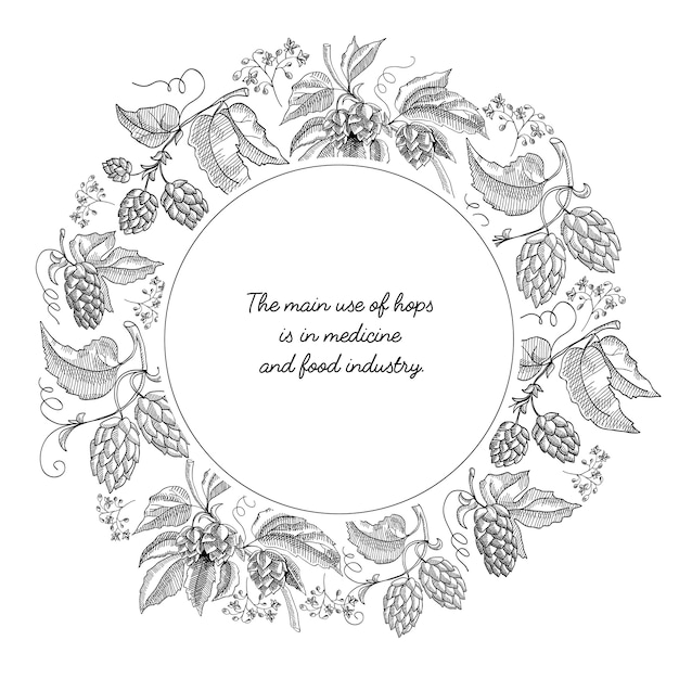 Beer hop circle wreath sketch composition with beautiful cartoons of blooms and inscription