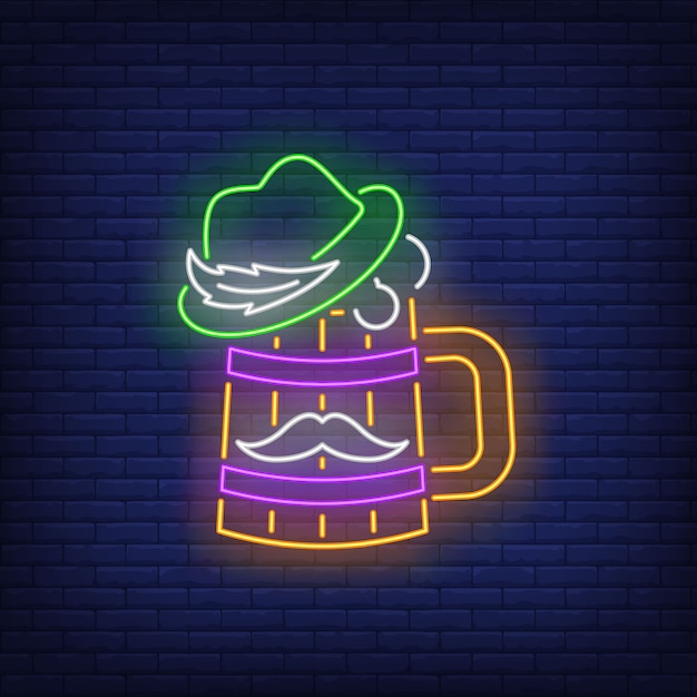 Beer mug with hat and moustache neon sign. 