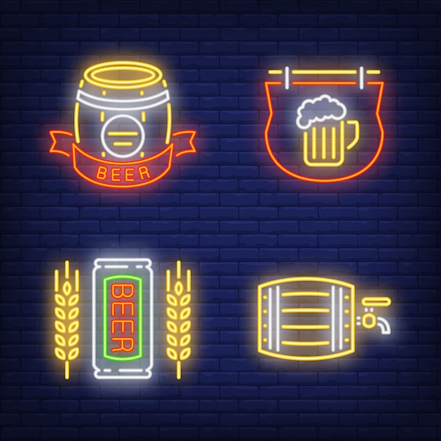 Free Vector beer pub neon sign set. barrel, signboard