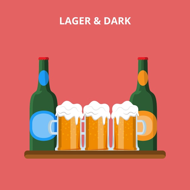 Free vector beer types. lager and dark glasses bottle concept web site  illustration.