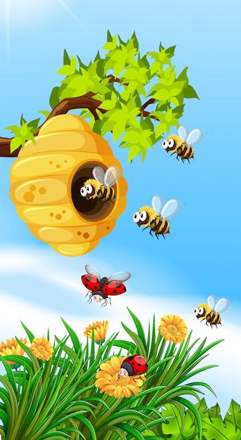 Free Vector bees and bugs flying around beehive