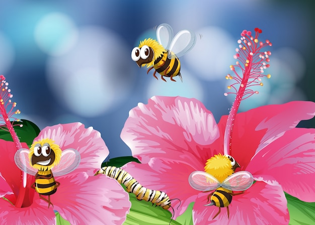 Free Vector bees flying in garden illustration