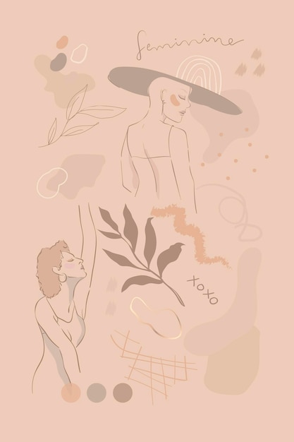 Free Vector beige feminine line art set vector